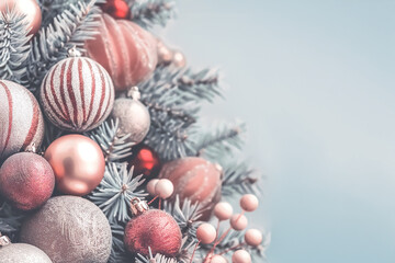 Fototapeta na wymiar Festive christmas ornaments on pine branch
