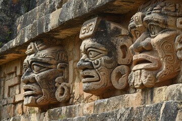 Close-up view of intricate mayan stone carvings on the exterior of a historical temple