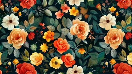 Fototapeta premium Floral pattern featuring butterflies and blooms