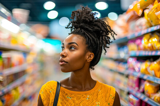 Contemplative African-American woman browsing in a grocery store aisle, focused and making choices about products