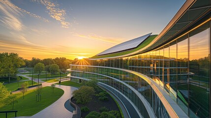 An innovative office building designed with solar panels and a green roof, its curved architecture harmonizing with the surrounding parkland, captured in the golden light of sunset.  - Powered by Adobe