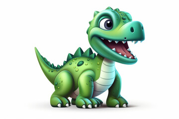 Fototapeta premium This cute green cartoon dinosaur with a friendly smile invites a touch of playful fantasy and childhood imagination