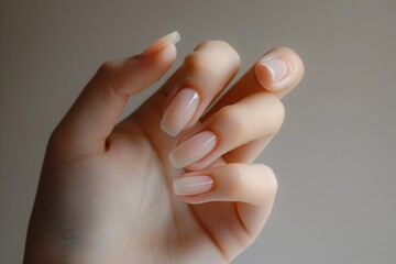 Fototapeta premium Close-up of a woman's hand with an elegant neutral manicure. Beautiful natural gel nail polish square nails