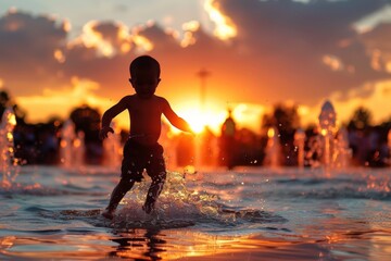 Silhouette of a child joyfully playing in a water fountain with a stunning sunset in the background, capturing summer fun and childhood innocence.