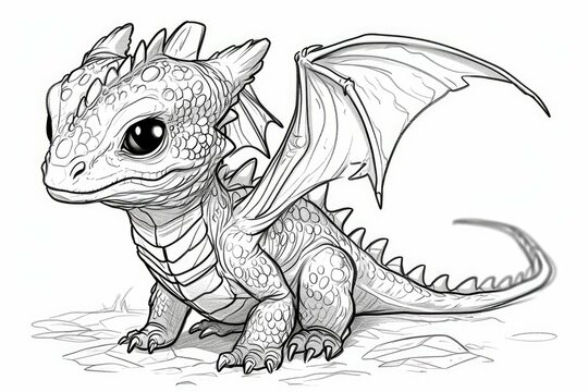 recommend clip art: Adorable black and white pencil sketch of a cute and playful cartoon dragon character. Featuring intricate line art. Scales. And wings