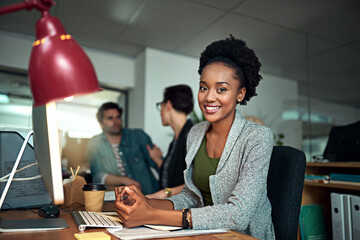 Smile, computer and portrait of black woman in office for creative research with project online....