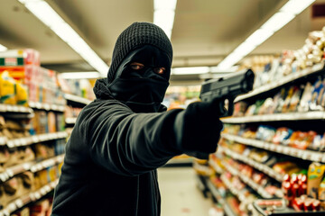 A masked individual holding a gun aimed forward in a grocery aisle, depicting a tense situation of a robbery in action