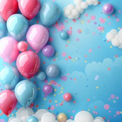 air balloon pastel color on blue festive background, top view, copy space