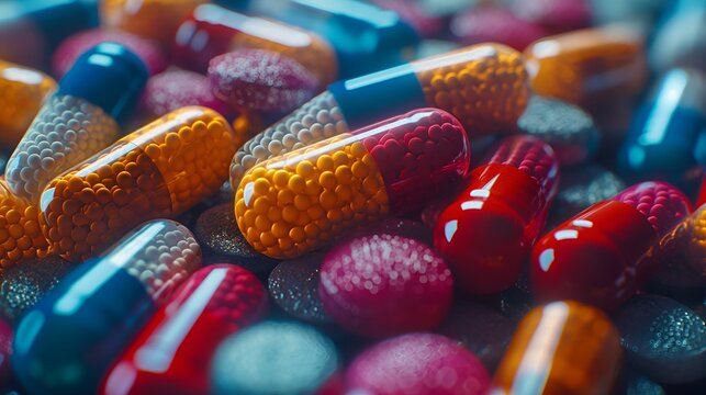 A Close-Up View of Assorted Colorful Pills and Capsule Pharmaceutical Landscape, Medicine Banner, backdrop design concept, Cover, Drug Background 