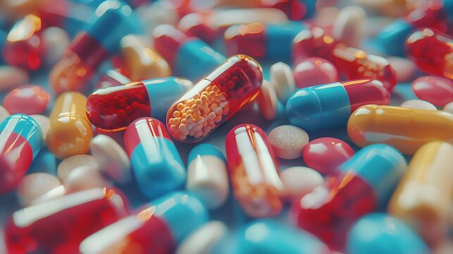 A Close-Up View of Assorted Colorful Pills and Capsule Pharmaceutical Landscape, Medicine Banner, backdrop design concept, Cover, Drug Background 