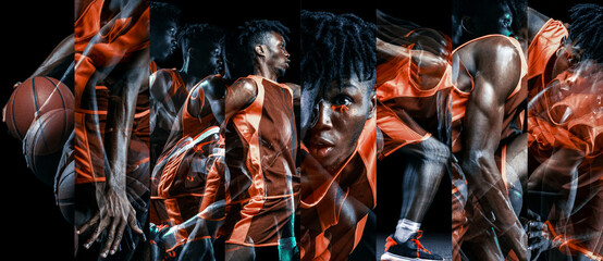 Collage. African-American male basketball player in dynamic motion, shows multiple poses and...