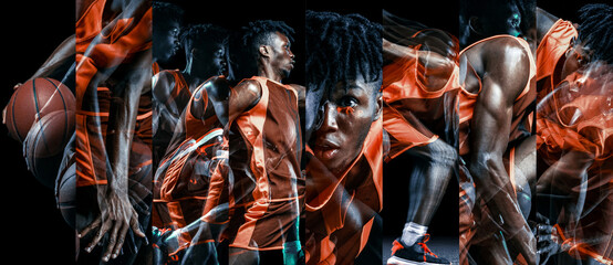 Collage. African-American male basketball player in dynamic motion, shows multiple poses and...