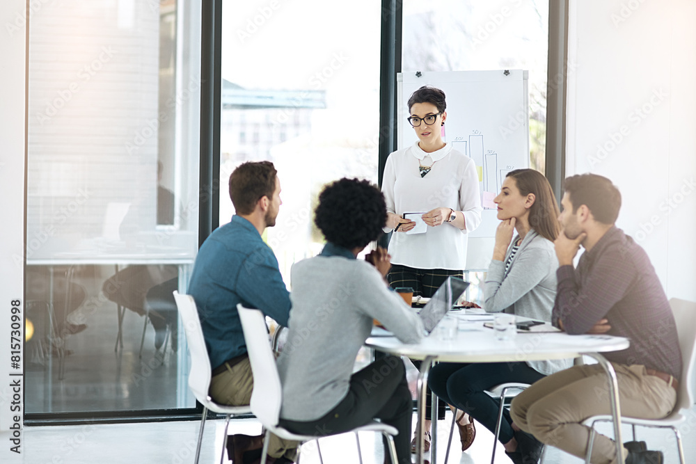 Sticker Business woman, presentation and group with speaker in discussion, planning and brainstorming in creative startup. Meeting, team training and leader coaching with notebook for seo, graph and strategy