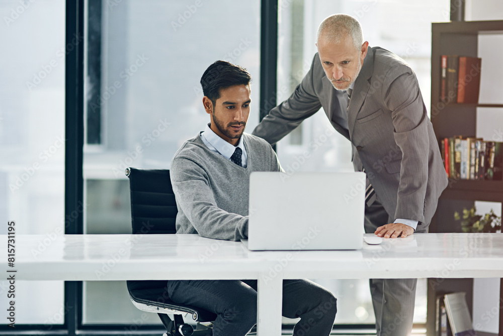 Poster Man, laptop and business meeting in office for management, advice and teamwork with mentor. Lawyer, tech and coaching for strategy with collaboration, ceo and legal director in corporate law firm