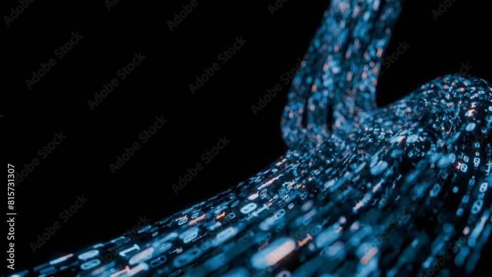 Poster Seamless loop. Abstract wire cable with digital binary data transmitting. Depth of field effect. Inside AI concept. Technology, machine learning, big data, virtualization. Product background	
