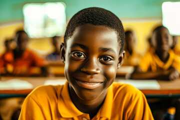 Bright smile of a school-age boy in a yellow shirt prevails in a classroom setting with peers in the background