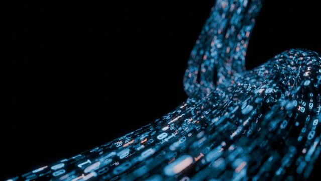 Seamless loop. Abstract wire cable with digital binary data transmitting. Depth of field effect. Inside AI concept. Technology, machine learning, big data, virtualization. Product background	
