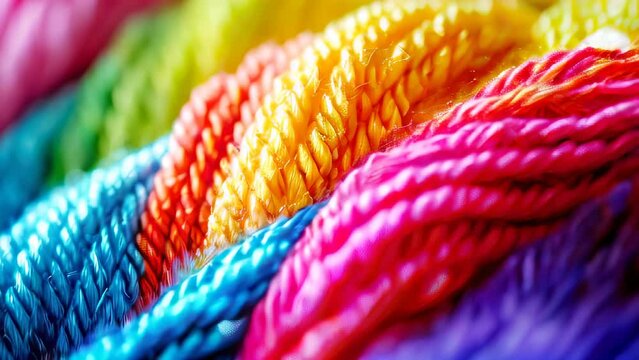 Close-up of colorful intertwined ropes with strong texture