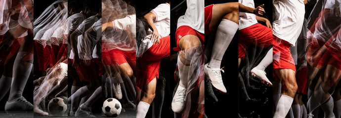 Collage. Soccer player running. Images shows blending moments of kicks, runs, and strategic plays...