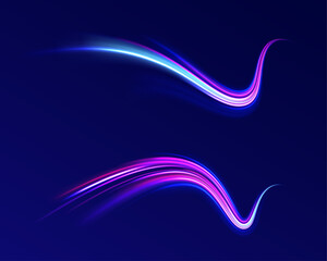 Vector blue glowing lines air flow effect.	Big set of light neon lines in the form of swirl and spirals. Vector glitter light fire flare trace.