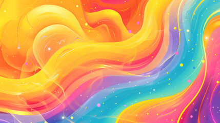 A lively abstract rainbow gradient with swirling patterns and Happy Pride Month text in the center