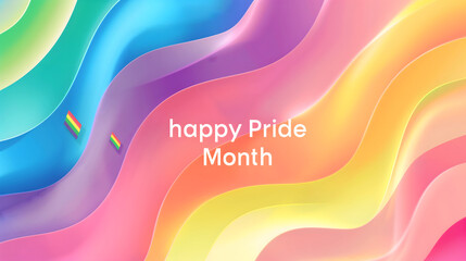 A modern abstract design with a flowing rainbow gradient and bold, blocky Happy Pride Month text
