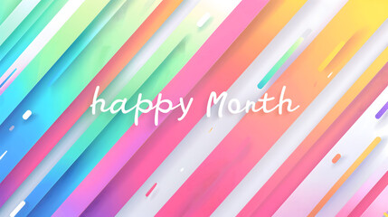 A modern abstract design with a flowing rainbow gradient and bold, blocky Happy Pride Month text