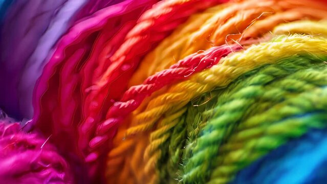Close-up of colorful, coiled embroidery threads with soft-focus background