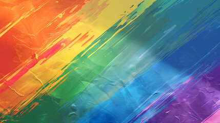 A stylized rainbow gradient background with textured brush strokes and Happy Pride Month text