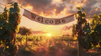 A "Welcome" banner delicately painted with a brush, hanging above a picturesque vineyard bathed in the golden glow of the setting sun, inviting visitors to unwind and enjoy the scenery.