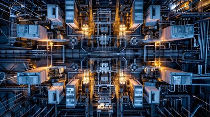 Obraz premium Silent Sentinels of the Energy Grid A Birds Eye Perspective on Power Distribution Systems Intricate Complexity and Resilience