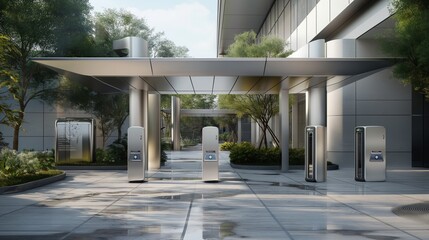 An office building entrance with a futuristic, automated security gate, featuring biometric...