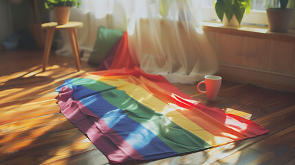 High-angle photo of a pride rainbow flag on a wooden coffee table
