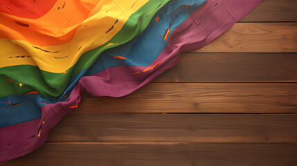Overhead view of a pride rainbow flag on a round wooden table