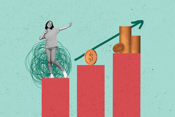 Trend artwork image collage of cogwheel gold coins dollar usd money young rich lady stand platform...