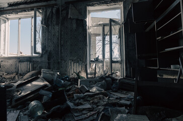 destroyed and burned houses in the city in Ukraine