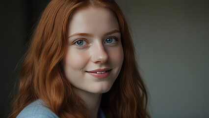 Fototapeta premium Radiant Young Woman with Red Hair and Blue Eyes: Captivating Portrait.