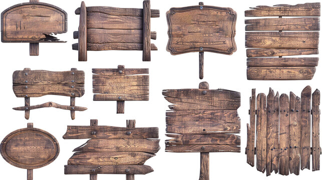 Set of wooden signs, game assets pack, game art style isolated on transparent background