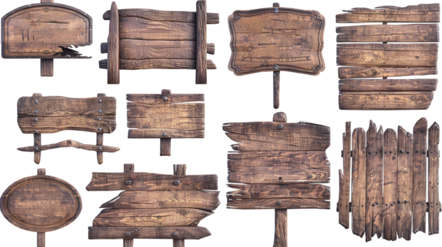 Set of wooden signs, game assets pack, game art style isolated on transparent background