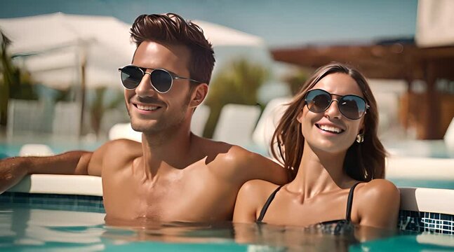 Junges Paar genie&szlig;t den Sommerurlaub im Hotelpool