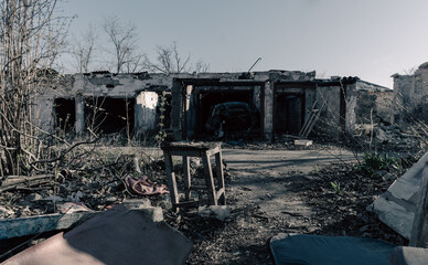 destroyed and burned houses in the city in Ukraine