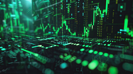 Abstract futuristic chart stock graph green digital dark background.