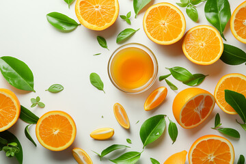Top view of fresh orange juice in a glass surrounded by vibrant orange slices and lush green leaves on a white background