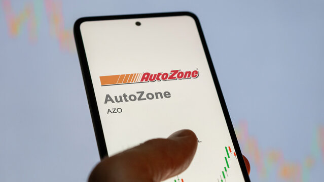 April 09th 2024 , Memphis, Tennessee. Close up on logo of AutoZone on the screen of an exchange. AutoZone price stocks, $AZO on a device.