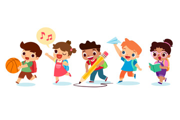 kids with backpack and school object going to school