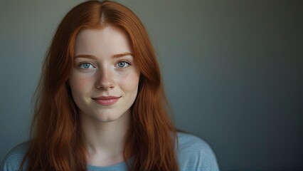 Fototapeta premium Radiant Young Woman with Red Hair and Blue Eyes: Captivating Portrait.