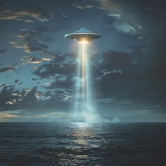 A classic flying saucer UFO emitting a beam of light over a dark ocean, suggesting an impending abduction or mysterious event.