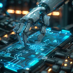 A close-up of a robot's hand interacting with a digital interface, displaying intricate circuits and glowing elements, ideal for themes of AI and automation.