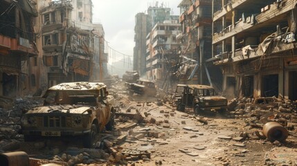 Fototapeta premium Ruined city destroyed building, post-apocalyptic style AI Generated image
