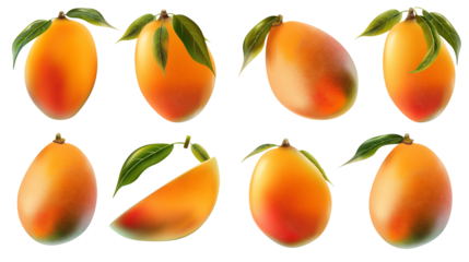 set of fresh mangoes isolated on transparent background, mango cut out 